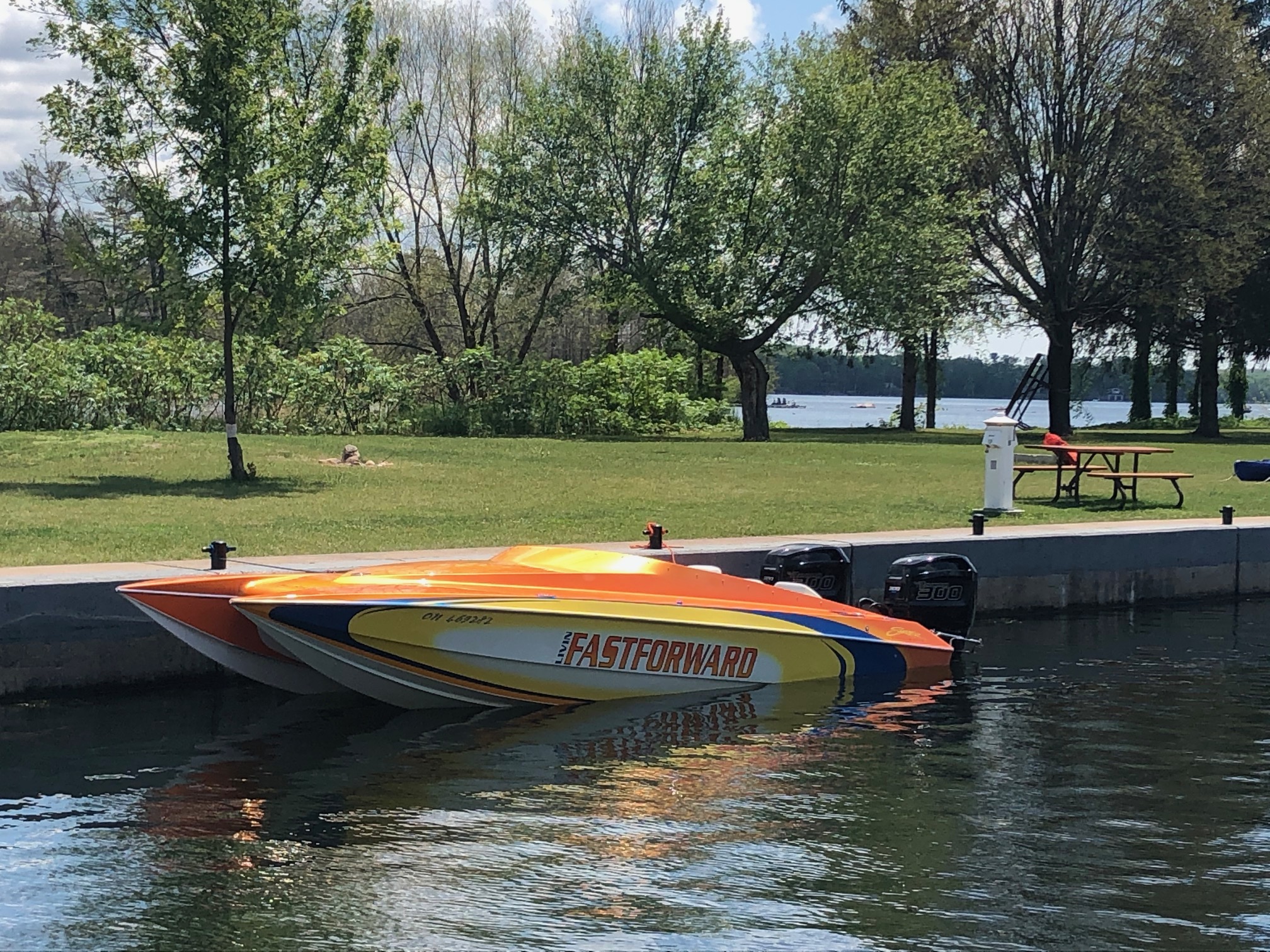 Speedboat with twin engines named Fast Forward