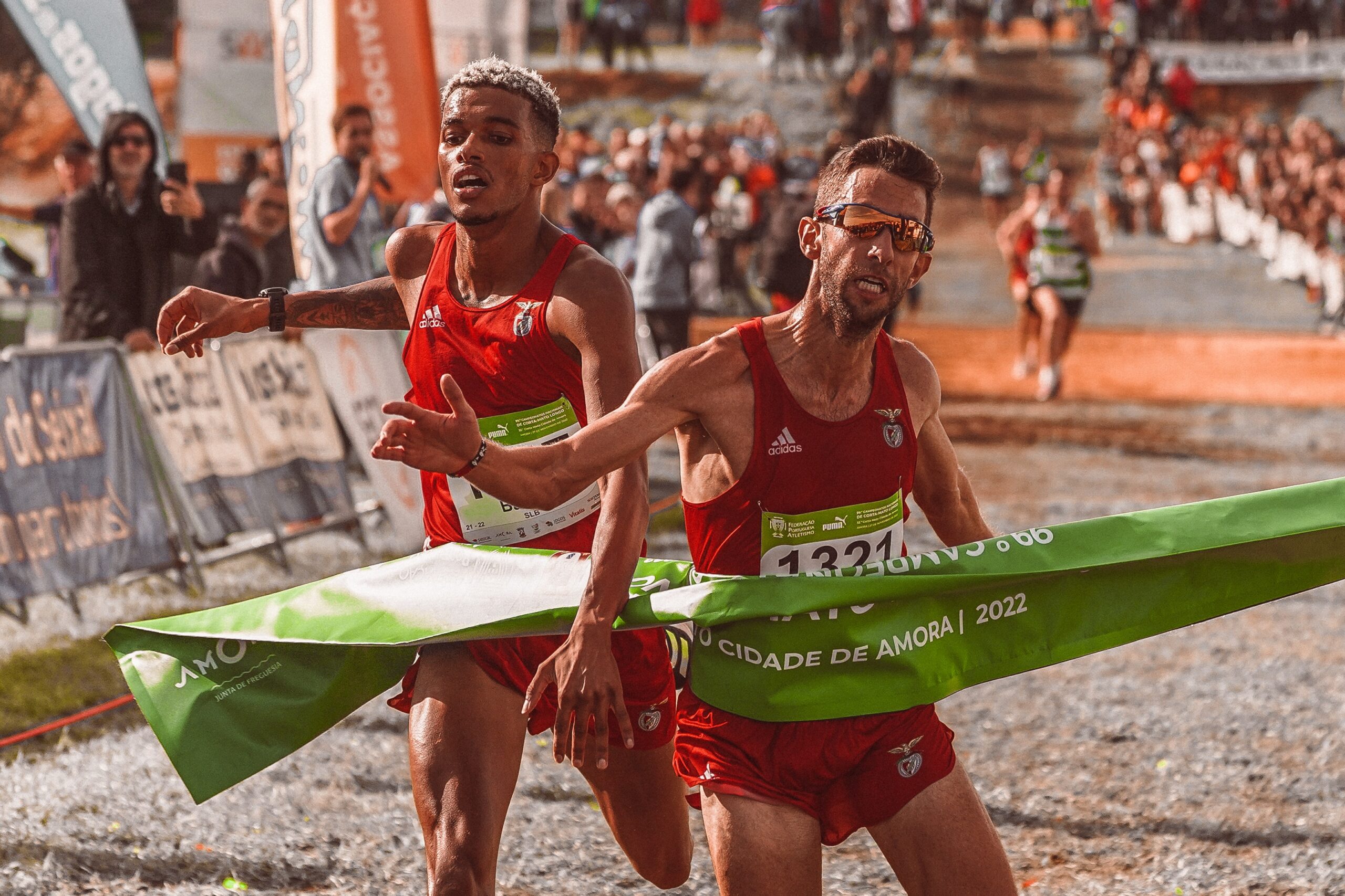 Marathon runners at the finish line.