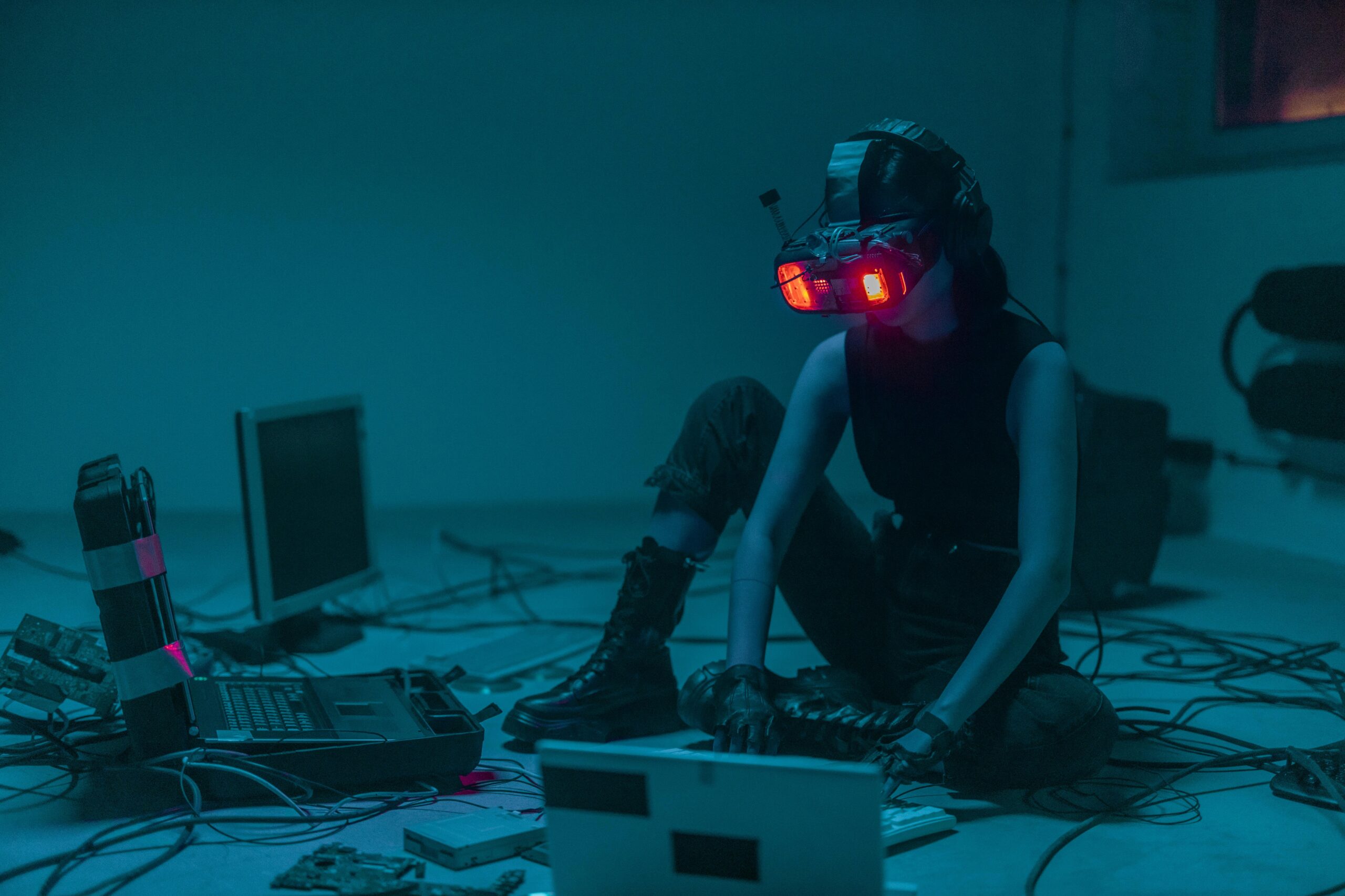 Woman sitting on the floor in a dark room wearing virtual reality goggles, working on a computer and surrounded by other computers.