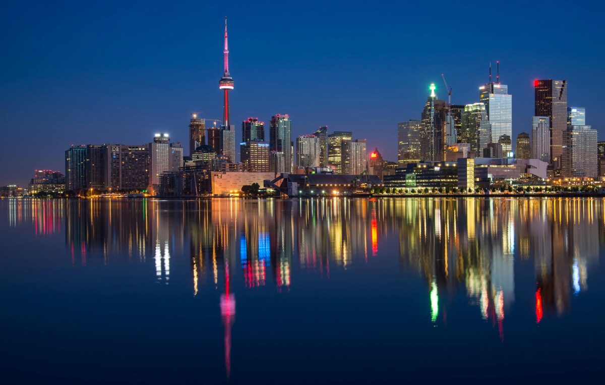 City skyline at night.